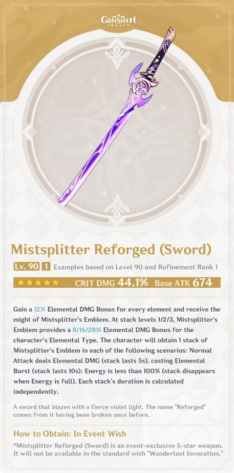 Mistsplitter Reforged Sword Level 90 Refinement 1 Stats