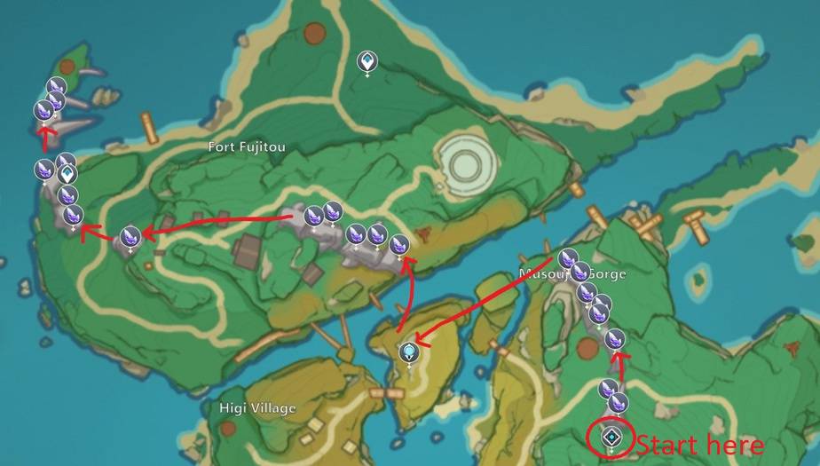 Crystal Marrow Farming Routes in Yashiori Island (North)