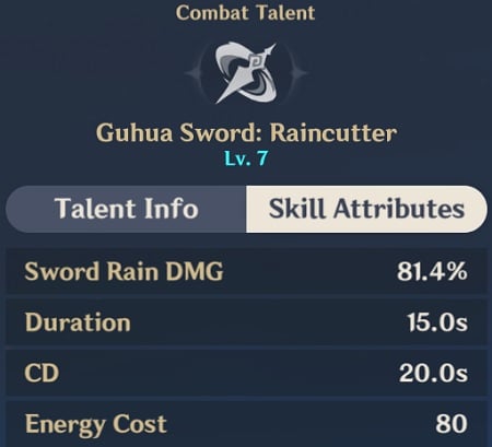 Guhua Sword Raincutter Skill Attributes