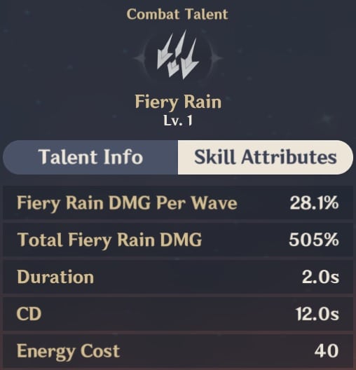 Fiery Rain Skill Attributes