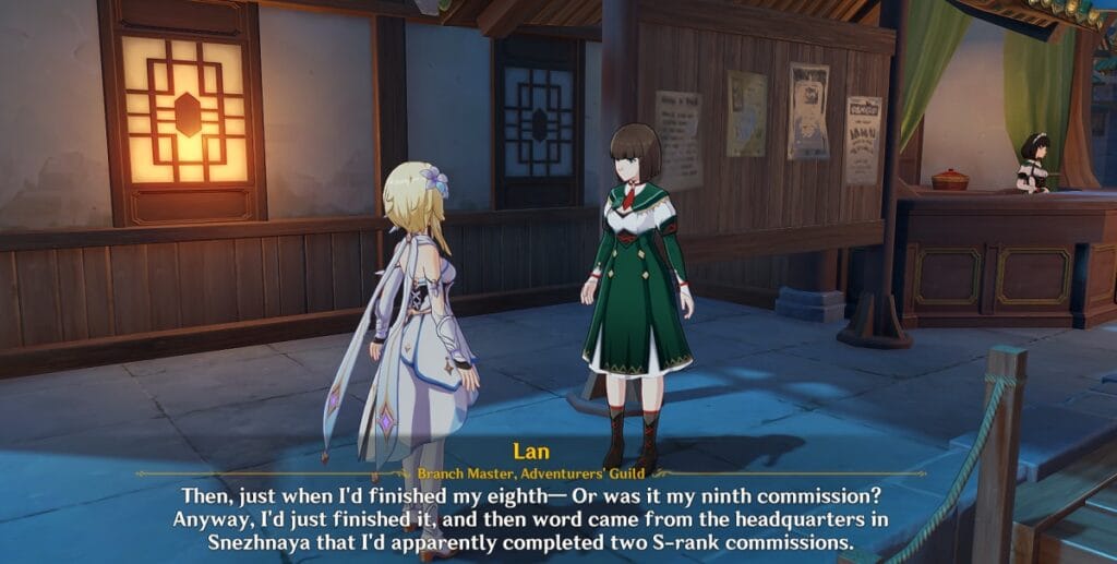 Lan Dialogue about Adventurer Guild Headquarter in Snezhnaya