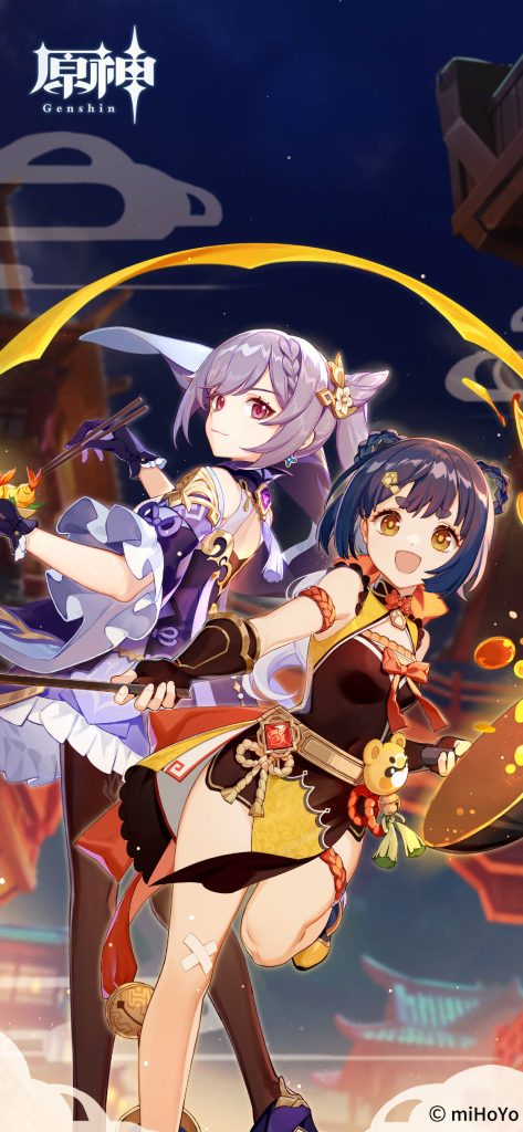 Moonlight Merriment Moonchase Festival Official Art featuring Keqing and Xiangling Mobile Wallpaper